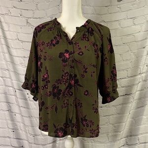 Bobeau Olive and Pink Boho Blouse Large